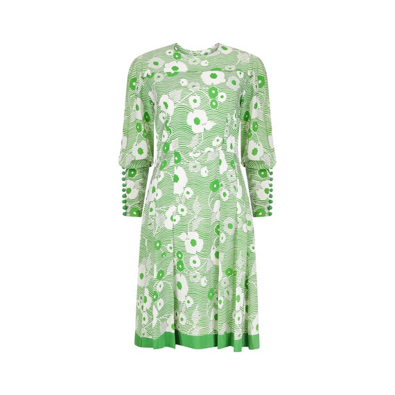 1970s French Haute Couture Green and White Floral… - image 1