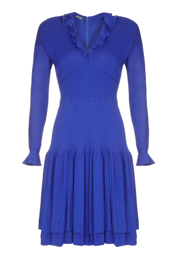 1970s Jean Muir Royal Blue Jersey Dress Size 10