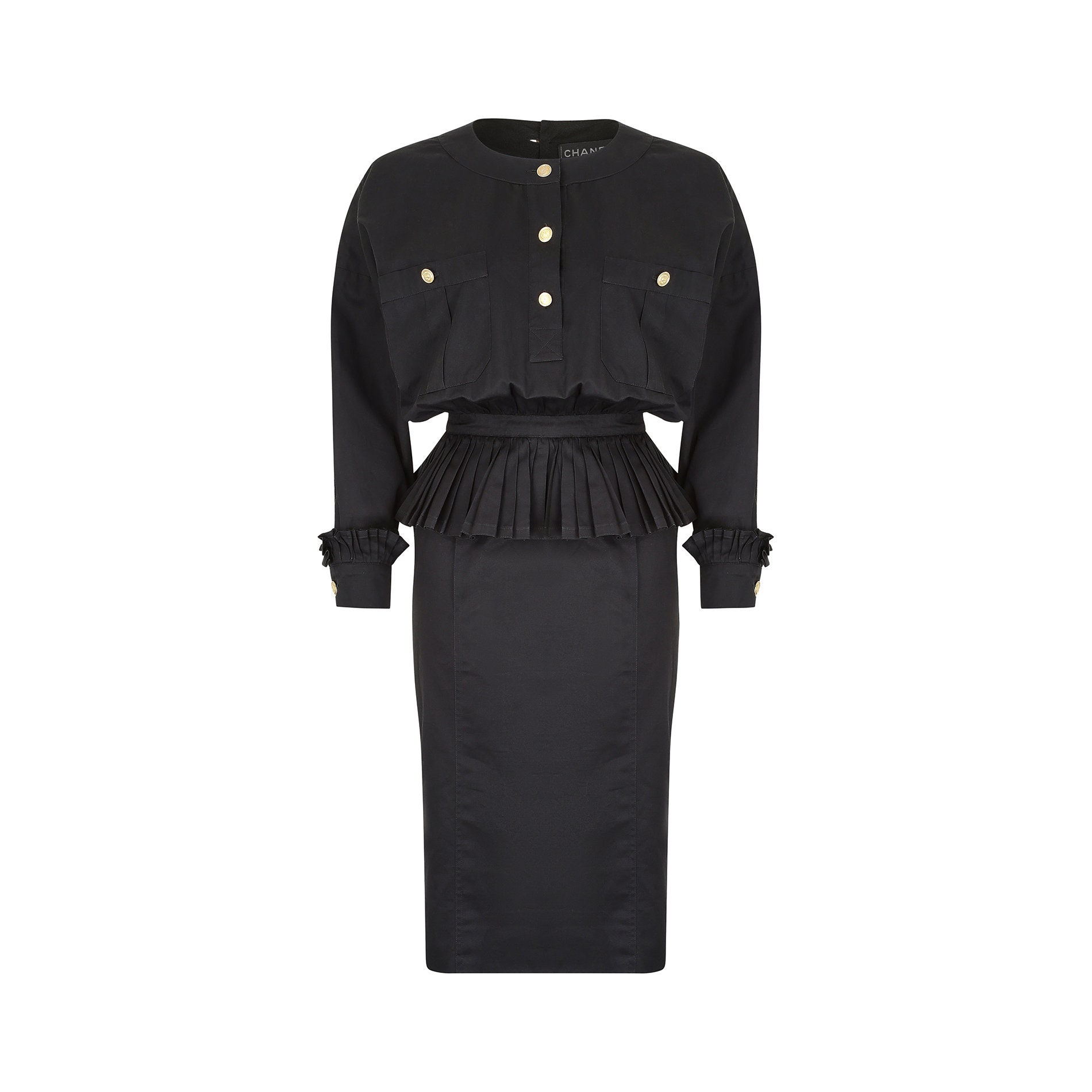 1980s Runway Chanel Black Cotton Peplum Dress 
