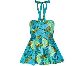 1950s Fantasie Turquoise Rose Print Two-piece Swimsuit
