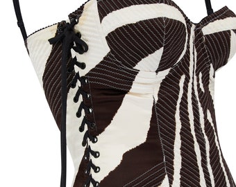 Y2K Dolce and Gabbana quiltad sidenkorsettklänning med zebratryck