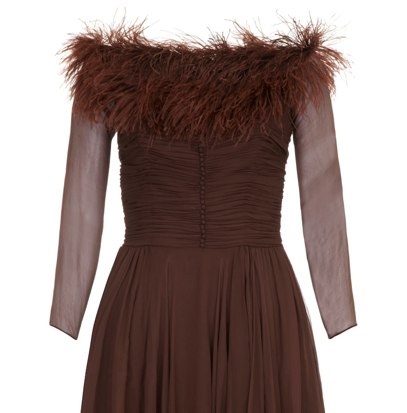 1950s Cardinal Brown Silk Chiffon and Feather Trim Dress UK size 6 image 3