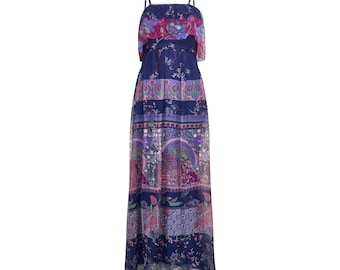 Robe longue Vera Mont en organza bleu marine à imprimé Art nouveau des années 1970
