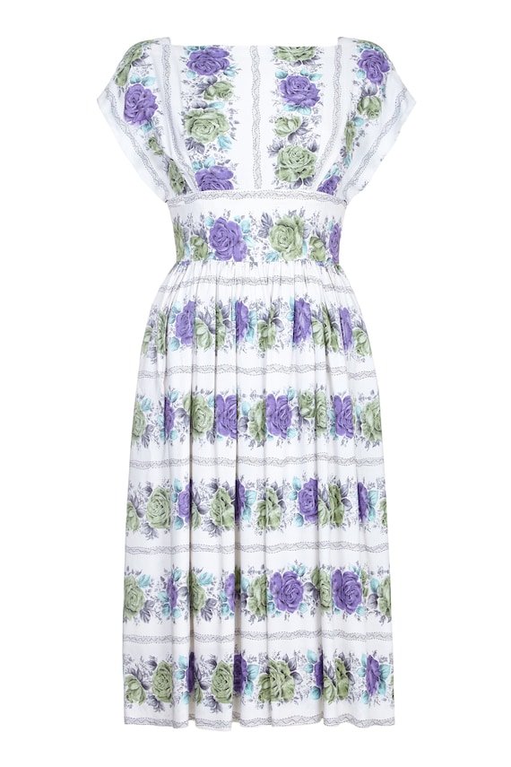 1950s White Cotton Floral Dress With Rose Print Si