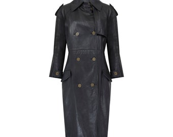 Gianni Versace zwarte leren trenchcoat uit de jaren 90 met medusa-knopen
