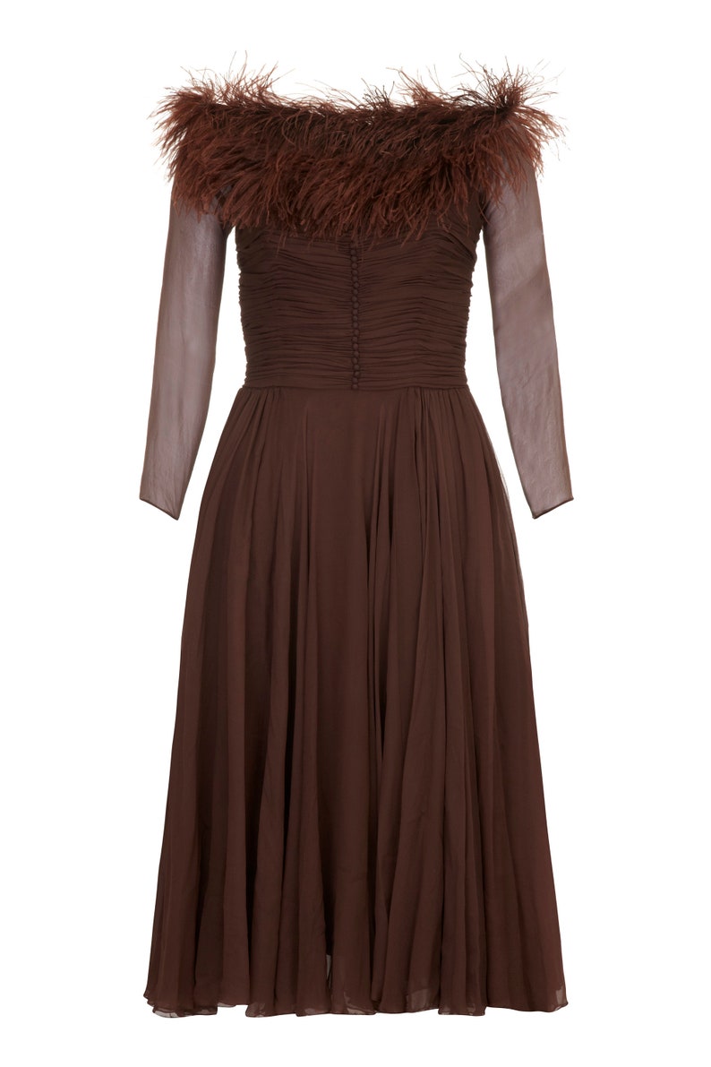 1950s Cardinal Brown Silk Chiffon and Feather Trim Dress UK size 6 image 1