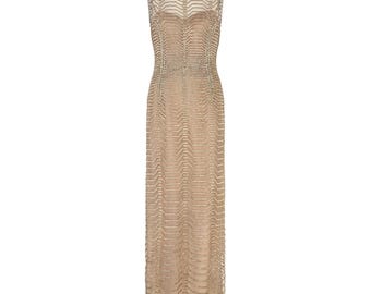 Oscar De La Renta Runway Sheer Mocha All-Over Beaded Maxi-Dress