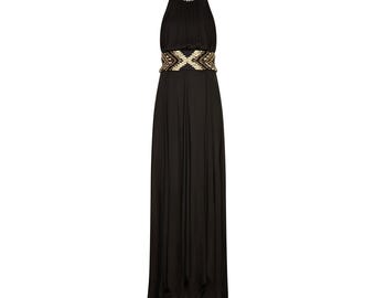 Balmain crème en goudkleurige zwarte jersey maxi-jurk met kralen