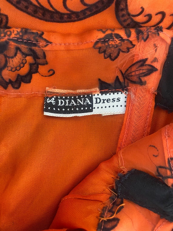 1960s Diana Floral Black and Orange Flock Print Dress Gem