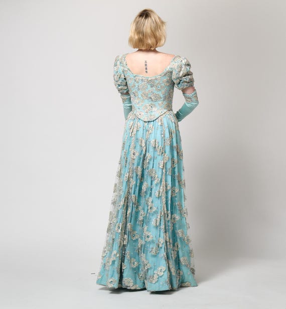 1990s Bespoke Embellished Lace and Crystal Turquoise Dress