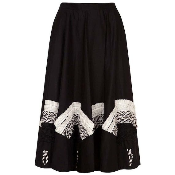 1950s Black Circle Skirt With Monochrome Applique