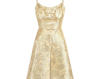 1960s French Couture Floral Gold Brocade Dress Ensemble