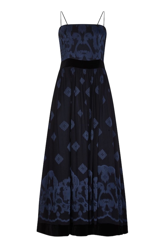 1990s Louis Feraud Embroidered Blue Silk and Black