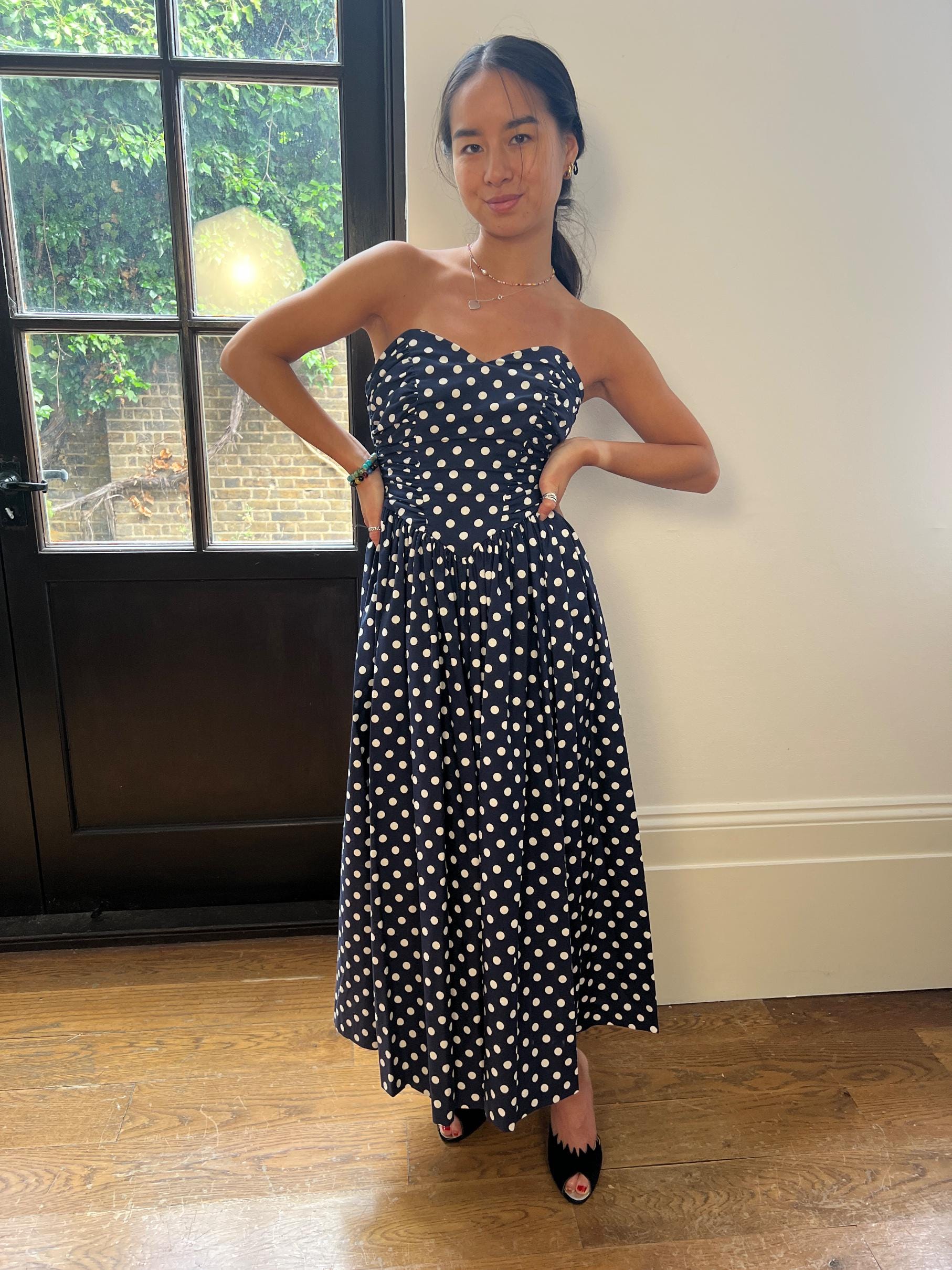1990s Laura Ashley Navy Polka Dot Strapless Dress