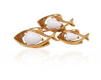 1970s Novelty Trifari Gold and White Trio of Fish Brooch