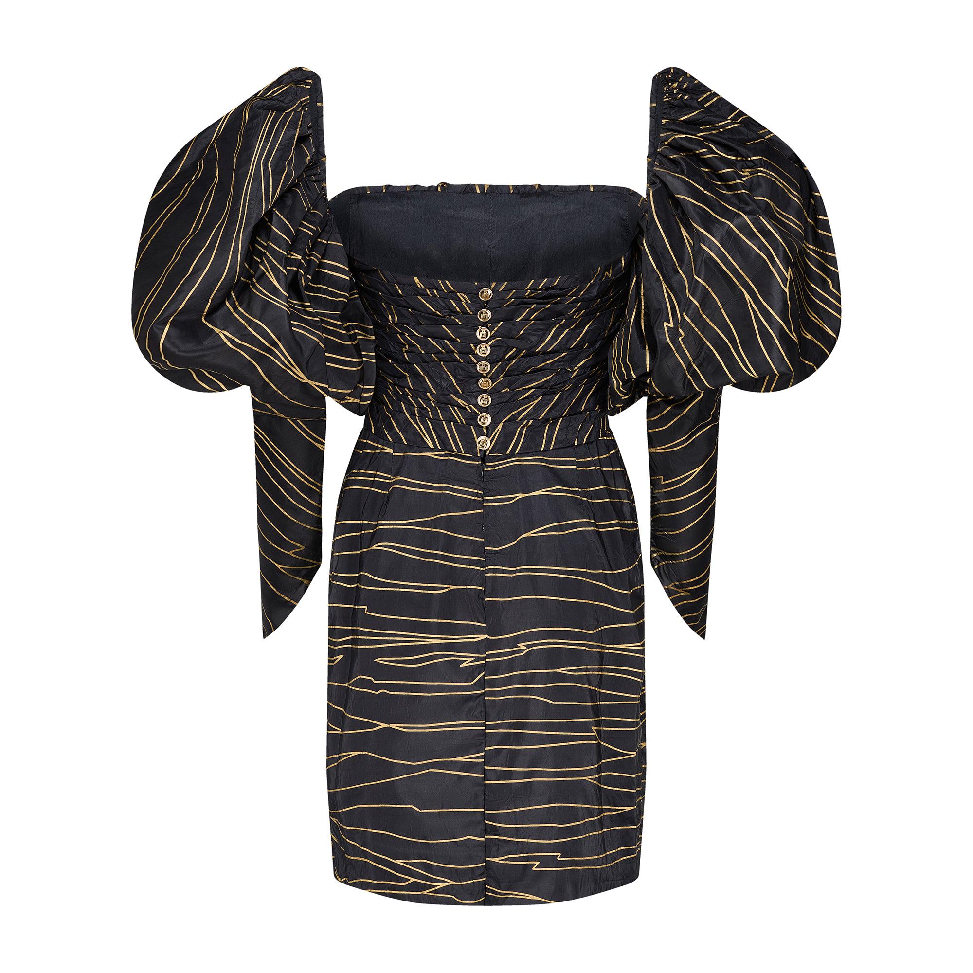 black and gold chanel dress 1986 Runway Silk With Detachable Puff Sleeves vintage chanel dress 90s