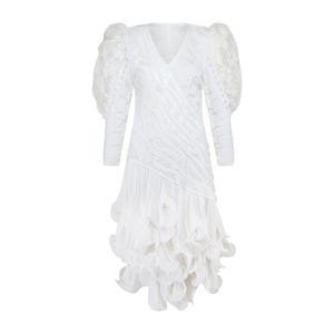 1980s Ann Balon Weißes Brautkleid mit Puffärmeln und Rüschensaum