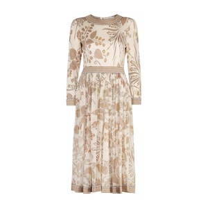 1970s Bessi Cream Silk Chiffon and Jersey Botanical Print Dress