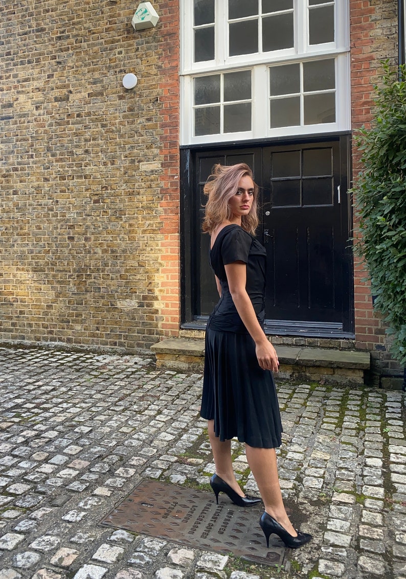 1950s Ceil Chapman Black Taffeta and Ruched Silk Jersey Dress image 9