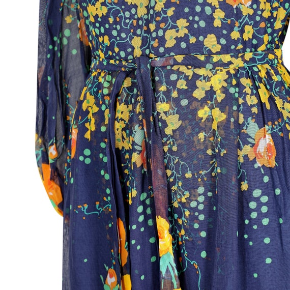 1970s French Couture Navy Rose Print Dress - image 5