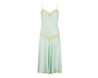 1980s Jenny Dobell Seafoam Green and Lace Slip Dress