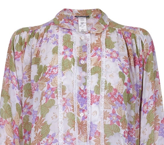 1970s Jeff Banks Floral Chiffon and Lace Blouse - image 3