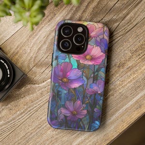 Stained Glass Floral Samsung Galaxy S Phone Case, Wild Flowers Iphone 16 Plus Pro Phone Case, Boho Flowers Google Pixel 9 Tough Phone Case