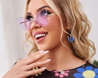 Rhinestone Butterfly Wings Purple Novelty Sunglasses | Women Outdoor Music Festival Sunglasses | Unique Oversized Shades | Gift Idea