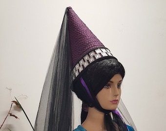 Medieval Gothic Ladies Women's Cone Wimple Hennin Purple & Black with Crystal Details and long black veil