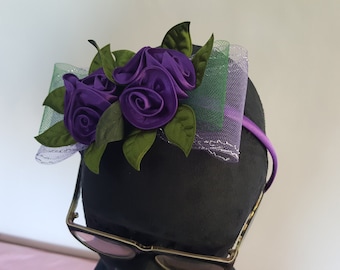 Purple Satin Rose and Mauve Crinoline Bow Headband / Alice band