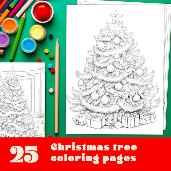 Christmas Tree Coloring Page Collection - Set of 25 Downloadable PDF - Ideal for Festive Crafts - Unique Christmas Present