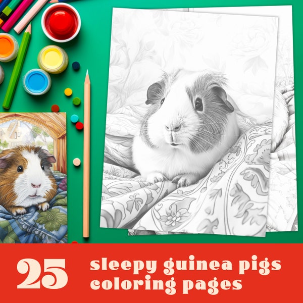 25 Sleepy Guinea Pigs Coloring Pages - Cute Guinea Pigs in Bed Coloring Book PDF, Instant Download