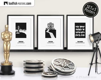 Set of 3 Movie Posters, Vertigo, Psycho, The Birds, Cinephilia Collection, Alternative Movie Prints, B&W Minimal Movie Print, Movie Gift Set