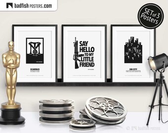 Set of 3 Movie Posters, Scarface, Sin City, TM Initials, Little Friend, Machine Gun, Movie Quote, b&w Minimal, Alternative Movie Prints