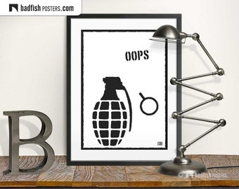 Oops Print, Comic Style Print, Hand Grenade Safety Ring, Funny Illustration, Black & White Quality Prints, Army Supporter Gift, Student Gift