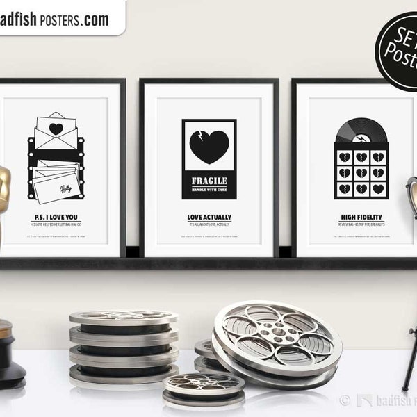 Set of 3 Movie Posters, PS I Love You, Love Actually, High Fidelity, Cinephilia Collection, Movie Prints, B&W Minimal, Film Movie Fans Gift
