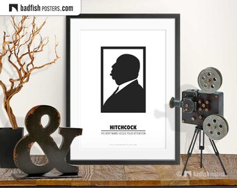 Hitchcock Print, Alternative Movie Poster, Minimalist, Black & White, Hitch Silhouette, Portrait, The Master of Suspense, Movie Fans Gift