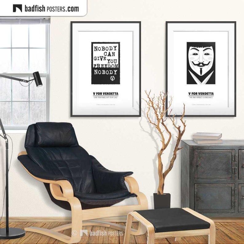 V For Vendetta Print, Alternative Movie Poster, Minimal B&W WallArt, Freedom Quote, Nobody Can Give You Freedom, Movie Fans Gift Bild 4