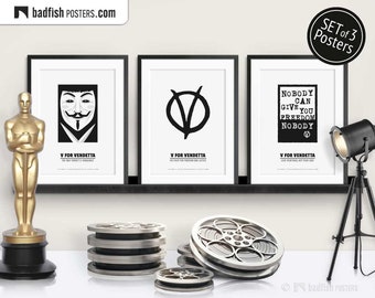 Set of 3 Movie Posters, V For Vendetta Collection, Freedom Mask, V Signature, Freedom Quote, Cine,  B&W Minimal, Alternative Movie Prints