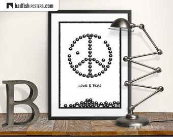 Love and Peas Print, Peace Sign, Comic Style Print, Love and Peace, Funny Illustration, Black & White Quality Prints, Activist Student Gift
