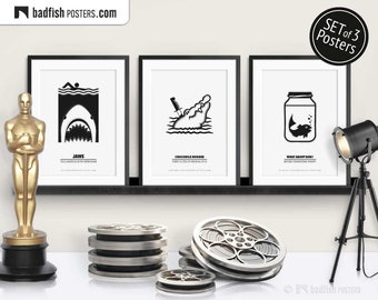 Set of 3 Movie Posters, Jaws, Crocodile Dundee, What About Bob, Cinephilia Collection, Alternative Movie Prints, B&W Minimal, Movie Gift Set