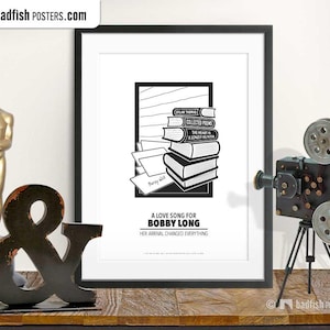 A Love Song For Bobby Long, Alternative Movie Poster, Minimal Wall Art, Black & White, Books, Letters, Writer, Tragic Hero, Movie Fans Gift