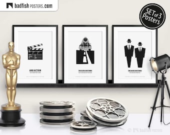 Set of 3 Movie Posters, Movie Clap, The Blues Brothers, The Blues Brothers Copmobile, Cinephilia Collection, B&W Minimal, Movie Fans Gift