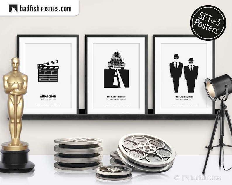 Set of 3 Movie Posters, Movie Clap, The Blues Brothers, The Blues Brothers Copmobile, Cinephilia Collection, B&W Minimal, Movie Fans Gift image 1