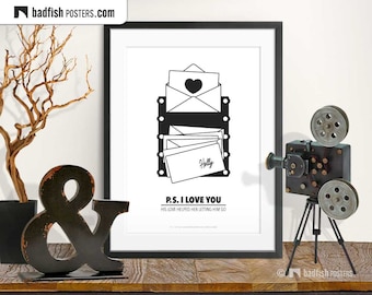 PS I Love You Print, Alternative Movie Poster, Black & White, Minimal, Quality Prints, Love Letters, Heart Symbol Love, Movie Lovers Gift