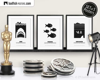 Set of 3 Movie Posters, Jaws, Piranha, Open Water, Sharks, Cinephilia Collection, Alternative Movie Prints, B&W Minimal, Movie Fans Gift Set