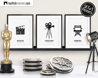 Set of 3 Movie Posters, Movie Clap, Movie Camera, Director’s Chair, Cinephilia Collection, Alternative Movie Prints, B&W Minimal, Gift Set