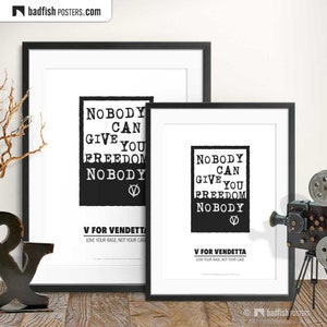 V For Vendetta Print, Alternative Movie Poster, Minimal B&W WallArt, Freedom Quote, Nobody Can Give You Freedom, Movie Fans Gift Bild 2