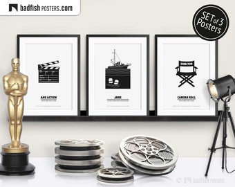 Set of 3 Movie Posters, Movie Clap, Jaws, Director’s Chair, Cinephilia Collection, Alternative Movie Prints, B&W Minimal, Movie Fans Gift