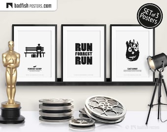 Set of 3 Movie Posters, Forrest Gump, Run Forrest Run, Cast Away, Cinephilia Collection, Alternative Movie Prints, B&W Minimal, Gift Set